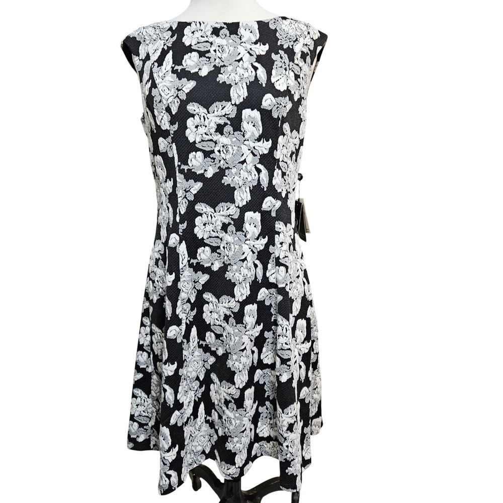 Adrianna Papell Sleeveless Floral Dress Women's Size 14 Black White NWT